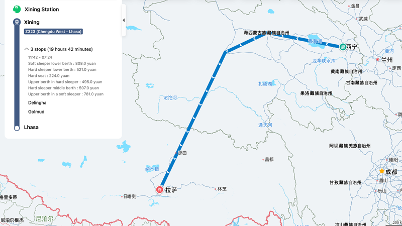 Xining to Lhasa Train Map